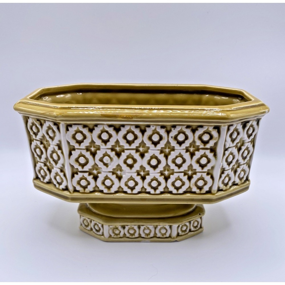 Vintage 1960s Relpo 5963 MCM Pedestal Planter Dish Garden Gold White READ